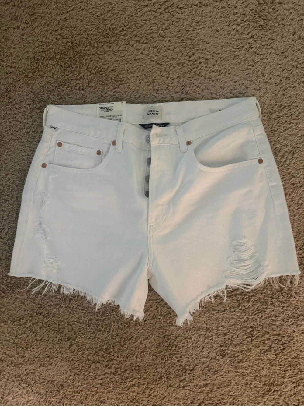 Citizens Of Humanity White Frayed Hem Denim Shorts- “Annabelle long”